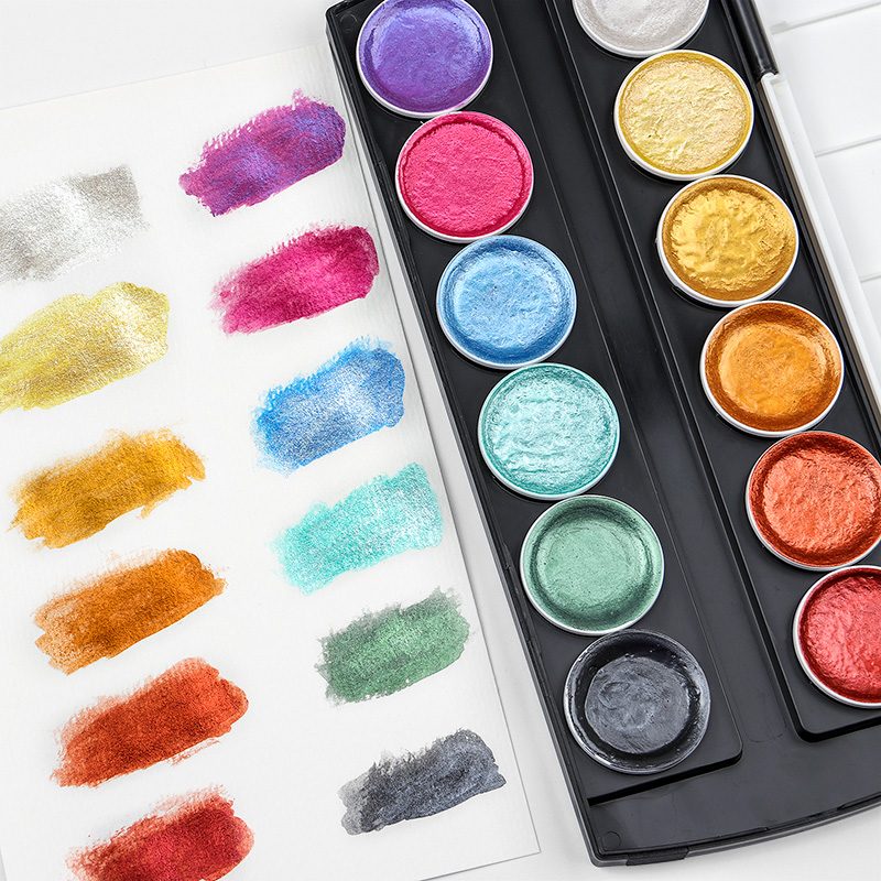 METALLIC WATERCOLOR : GALAXIES PALETTE, SET OF 12 ROUNDED GODET